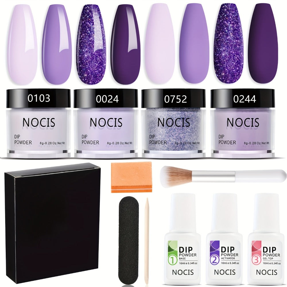Dip Powder Nail Kit with NOCIS Label, Four Lilac Lavender Purple Glitter Powders, Three 10ml Liquids and Tools — image 3