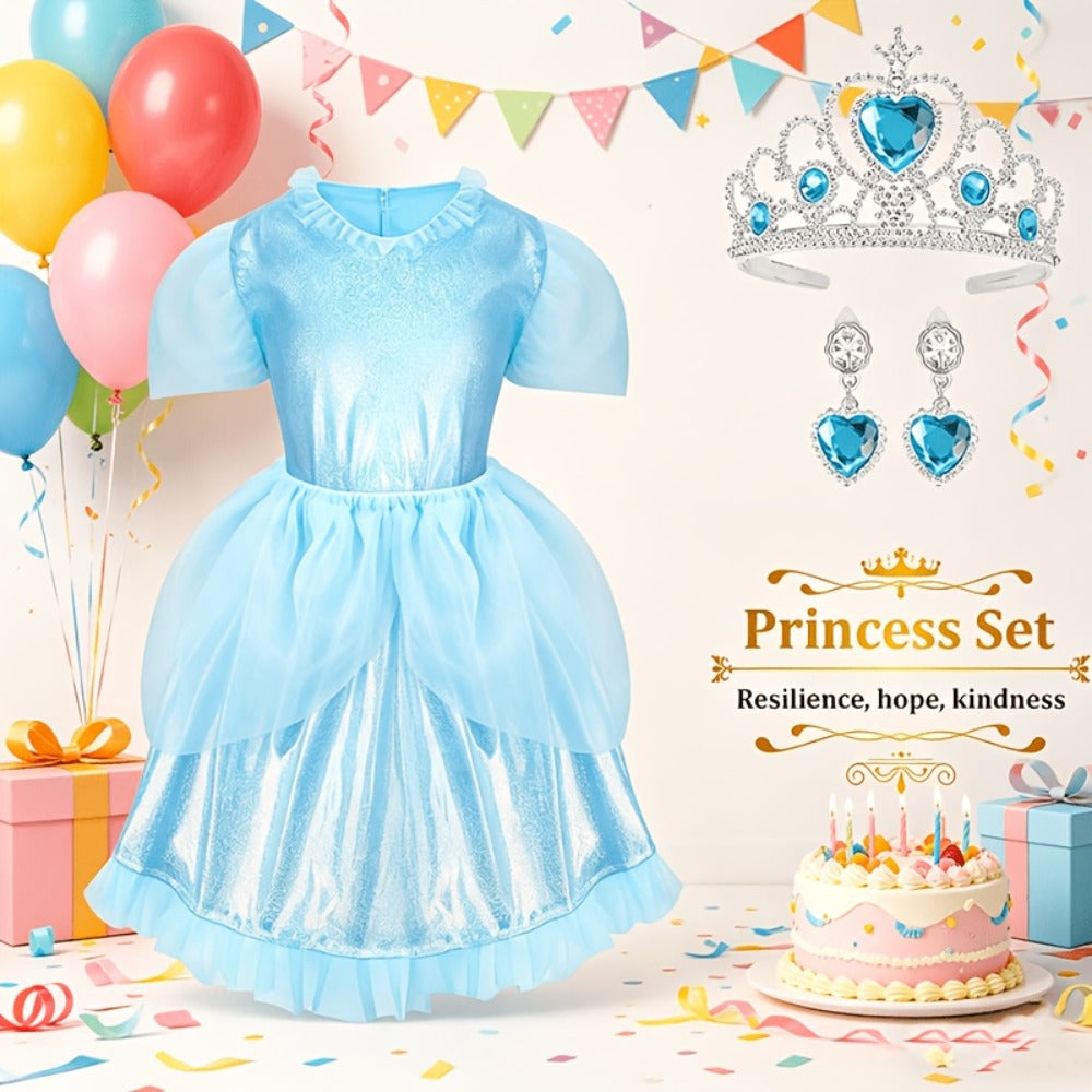 Girls Princess Dress Up Costume Set 14pcs, 5 Role Play Outfits with Crowns, Earrings & Storage Box — image 9