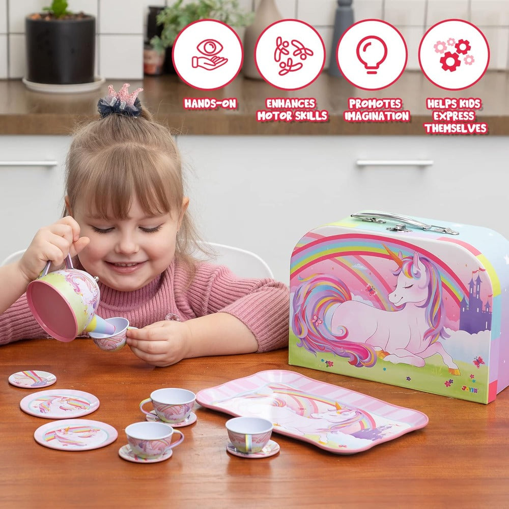 Pink Unicorn Tin Tea Set in Carry Case with Teapot, Four Cups, Four Saucers and Five Plates — image 12