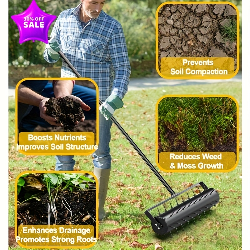 Lawn Aerator Manual 60" Long Handle with Large Tine Wheel, Metal Construction for Deep Soil Aeration — image 8