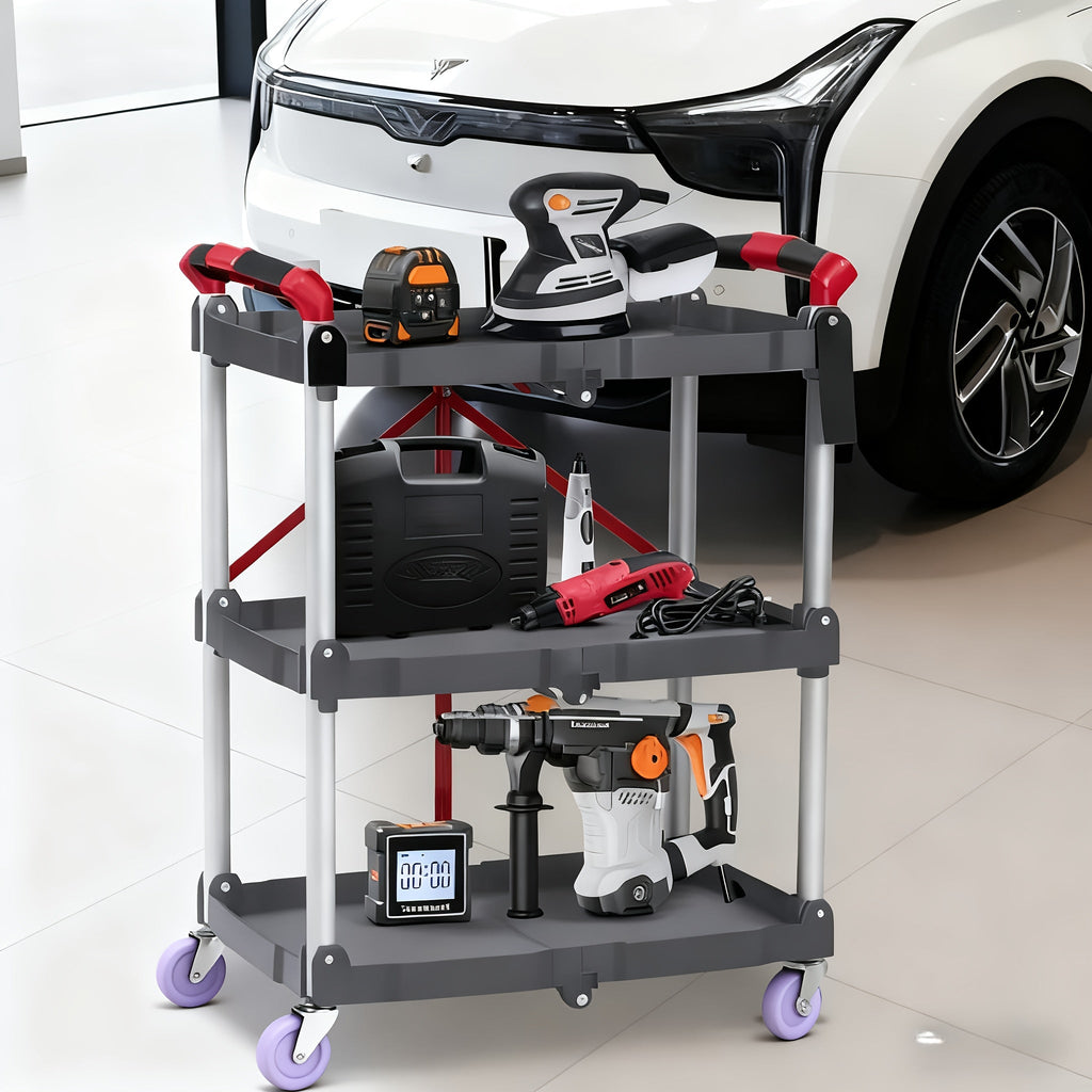 3-Tier Rolling Cart Collapsible Service Utility Cart on Wheels, Portable Folding 3 Shelf Cart for Kitchen Office Garage Works