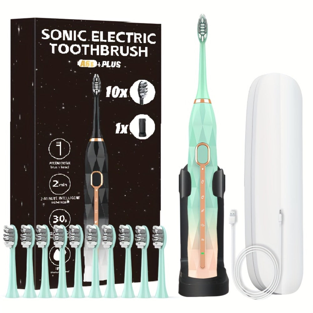 IPX8 Sonic Electric Toothbrush with 8 Replacement Brush Heads – Metal Shaft, USB Rechargeable 500mAh, Travel Case & Holder — 