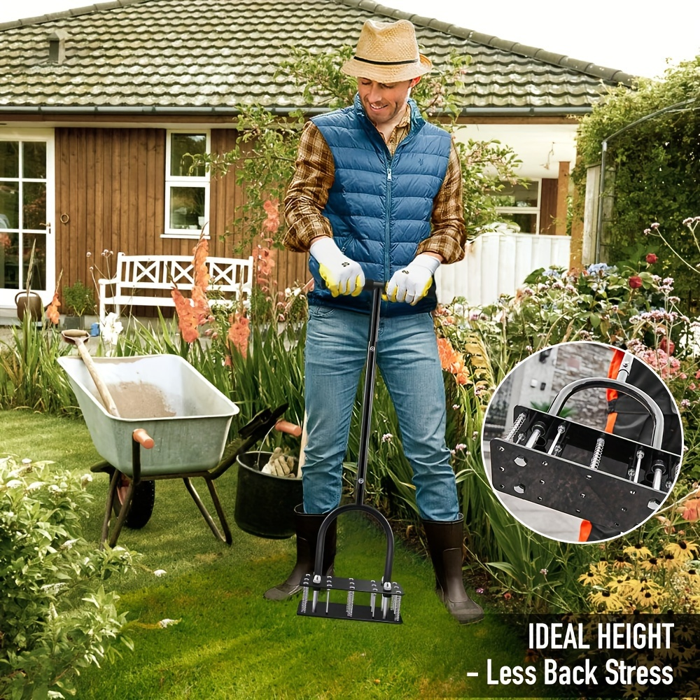 Self-Cleaning Lawn Aerator with 14 Iron Spikes – Spring-Loaded Auto-Clean Mechanism for Leaves & Dirt, Manual Soil Loosening 