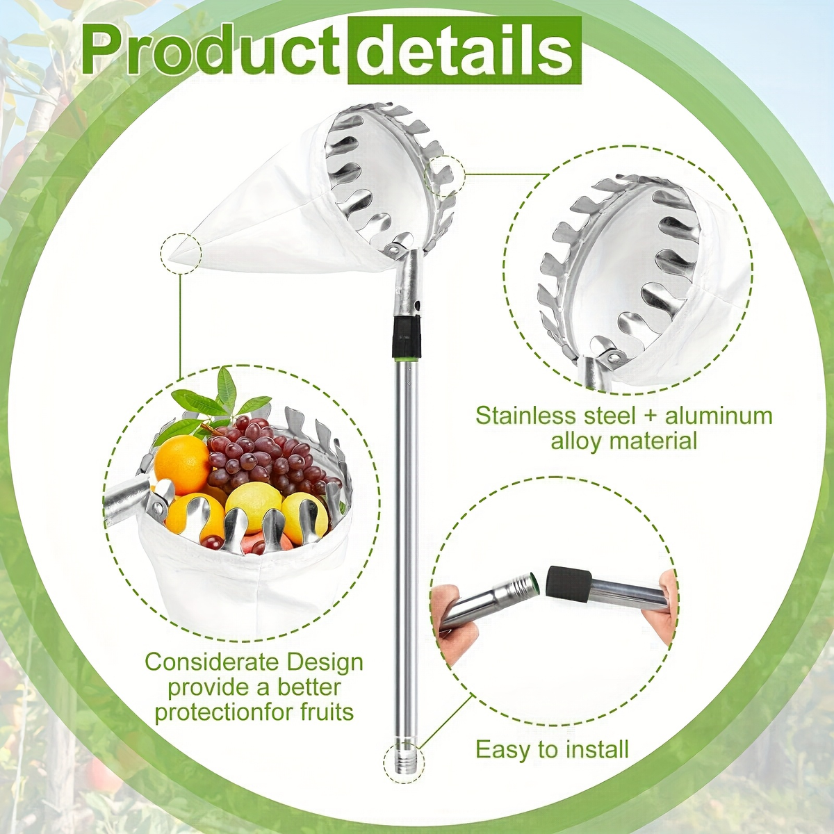 Stainless Steel Fruit Picker with Adjustable 63 to 157 Inch Extension Pole and Non-Slip Handle for Orchard Harvesting — image