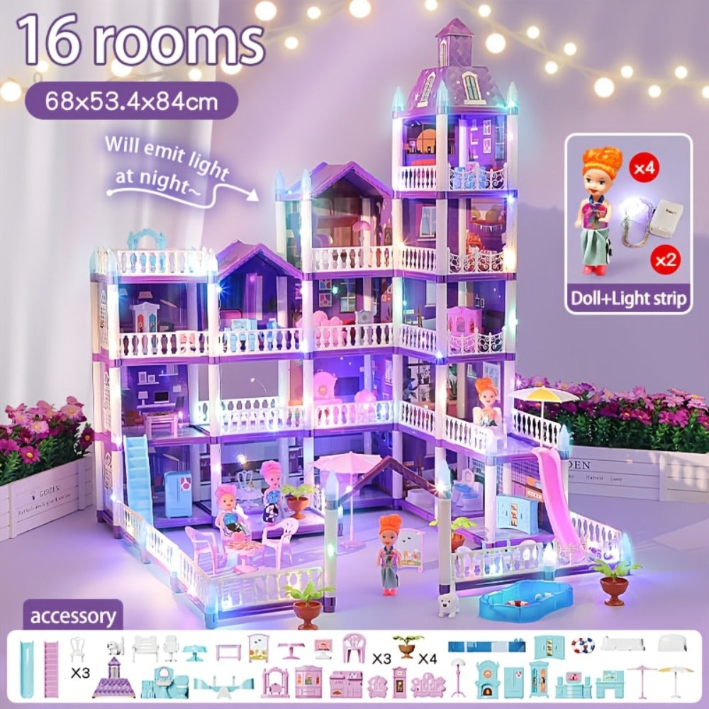 LED Dollhouse Playset for Girls, Purple Multi-Room Playhouse with Doll Figures, Puppies, Furniture & LED Lighting — image 11