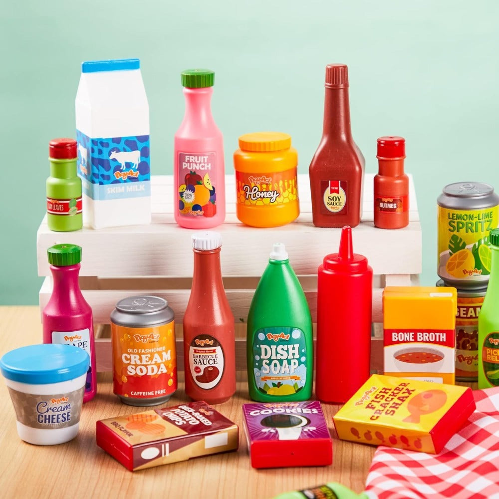 30 Pcs Play Food Grocery Cans Set - Pretend Kitchen Toy with Drinks, Juice, Snacks & Yogurt, Safe — image 7