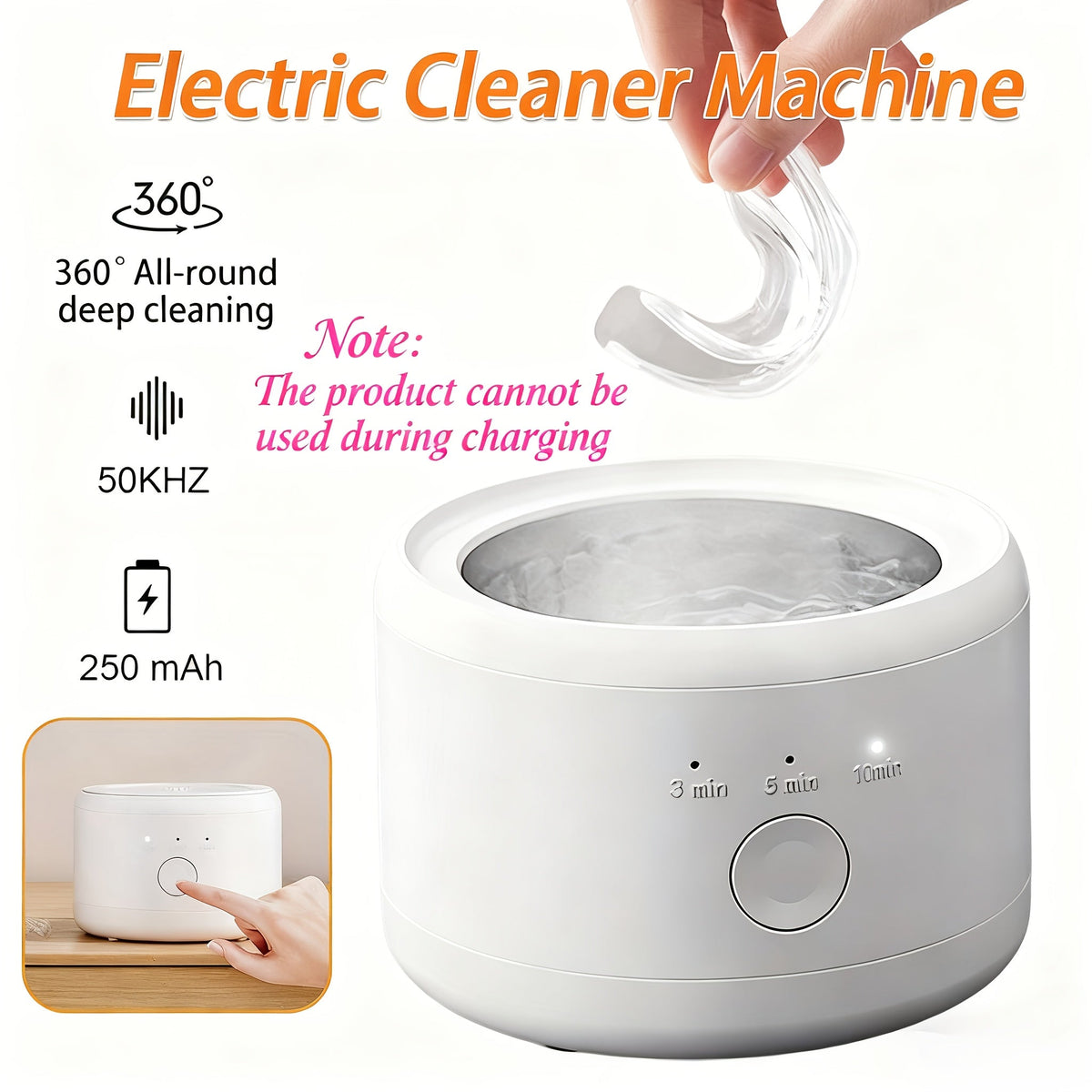 Electric Ultrasonic Cleaner Machine for Dentures Jewelry & Glasses – USB Rechargeable 3 Speeds Auto Timer 180ml Tank One-Touc