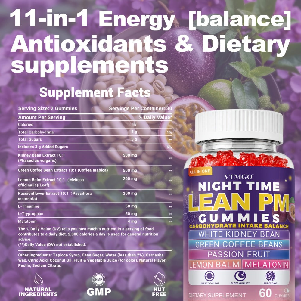 Sleep Gummies with Melatonin, Lemon Balm & Passionflower, Night Time Lean PM Formula, White Kidney Bean — image 2