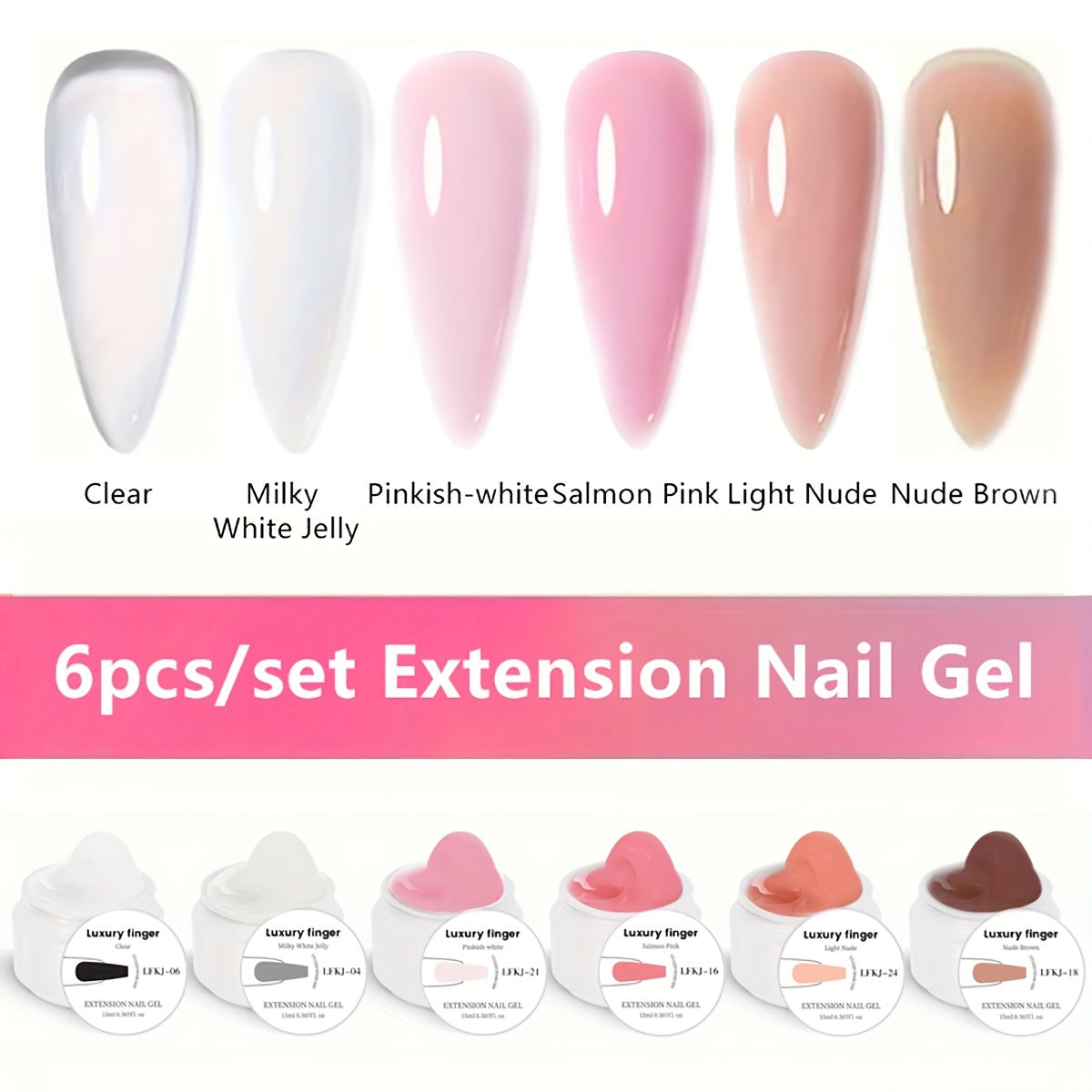 Six-Color Builder Gel Set, 15ml Each in Clear, White, Milky Jelly, Light Pink, Pink and Nude for Nail Extensions — image 12