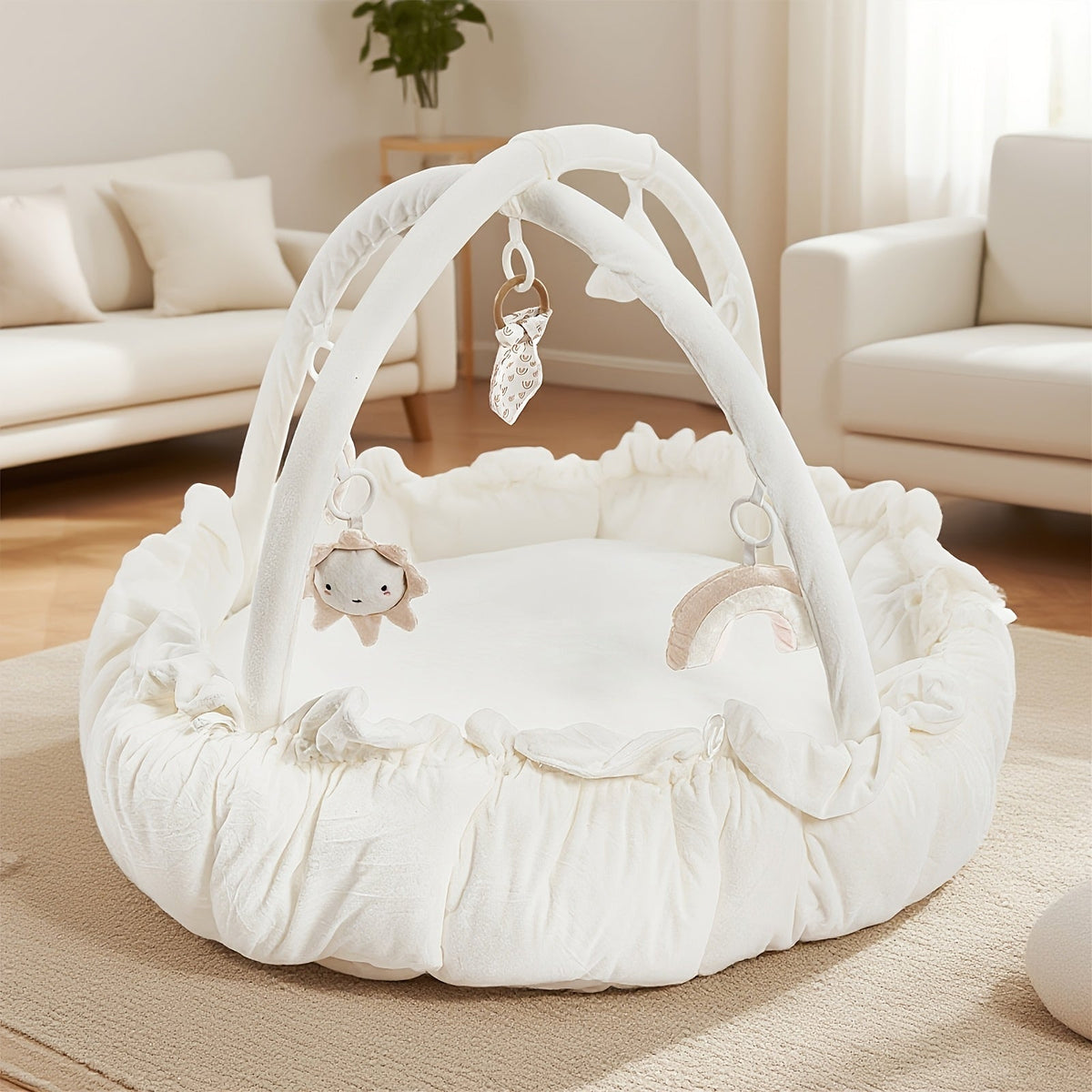 Convertible Round Pet Play Mat and Bed with Raised Sides, Removable Arches and Six Hanging Toys — image 12