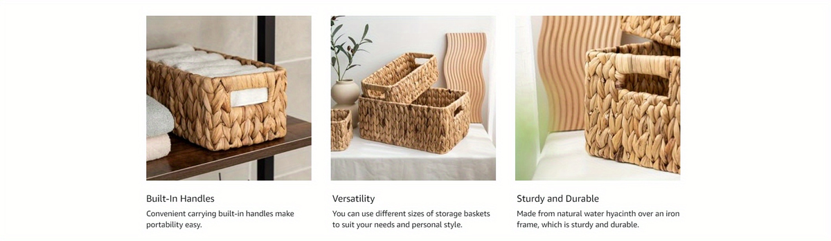Storage Baskets, Seagrass and Water Hyacinth with Built-In Handles in Six Style Options with Material, Size and Pack Options 