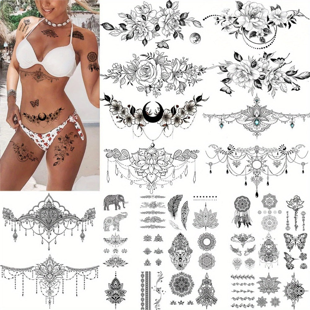Temporary Tattoos, 10-Sheet Large Black Body Art Set with 60-Plus Floral, Ornamental and Symbol Motifs — image 7