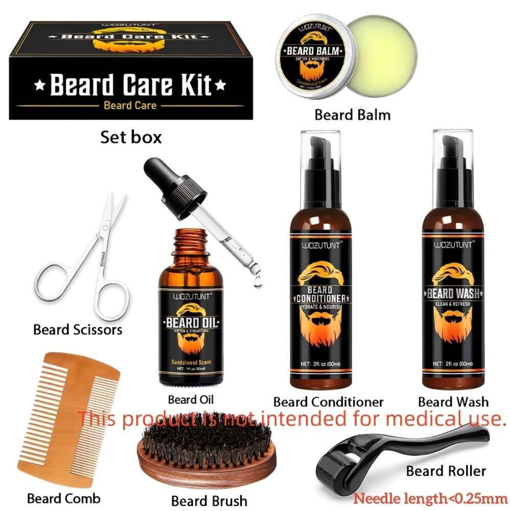 Beard Oil & Balm Grooming Kit for Men – 9-Piece Complete Beard Care Set with Conditioner Wash Brush Comb Clippers Travel Pouc