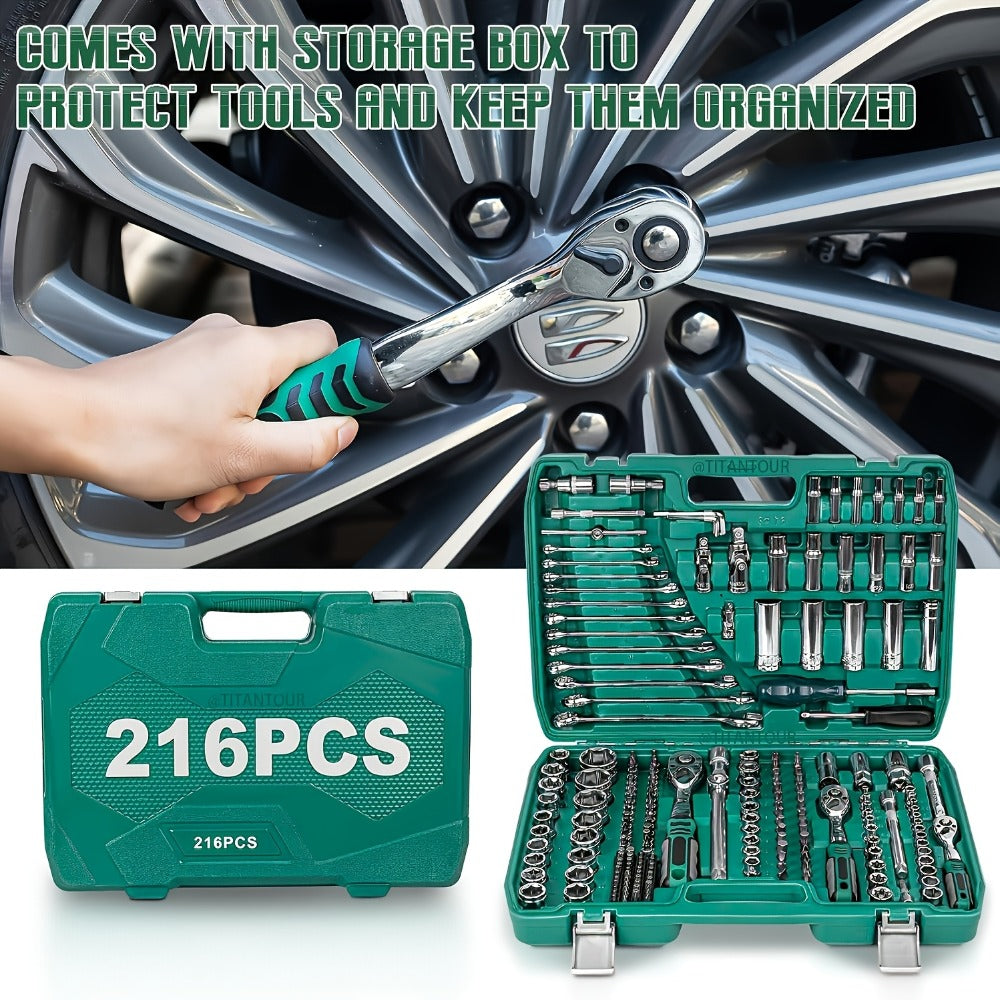 Mechanic Tool Kit Auto Repair Socket Set 1/4" 3/8" 1/2" Drive Ratchet Wrench Combination – 53 to 216-Piece Professional Grade