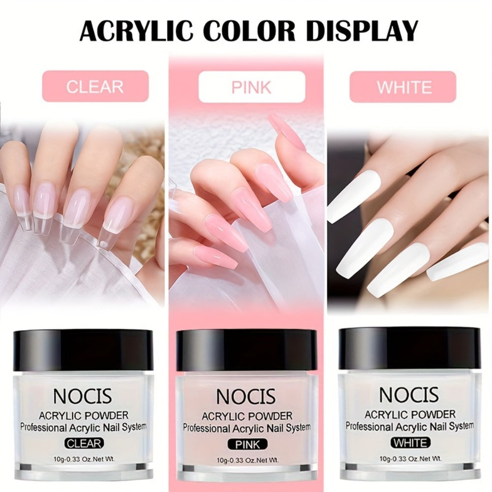 Acrylic Nail Kit NOCIS Clear, Pink and White Powders with Q Monomer, Primer, Brush Cleaner and Four Brushes — image 3