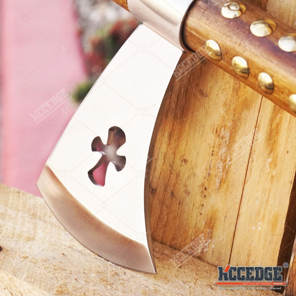 Native American Tomahawk Hatchet Replica 19in, Decorative Peace Pipe Axe with Wooden Handle, Feather & Brass Accents — image 