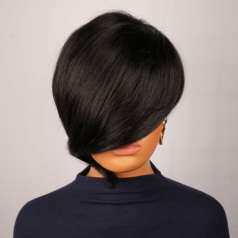 Layered Pixie Human Hair Wig with Side Bangs in #4 Brown, #99J Burgundy or #1 Black Color Options — image 14
