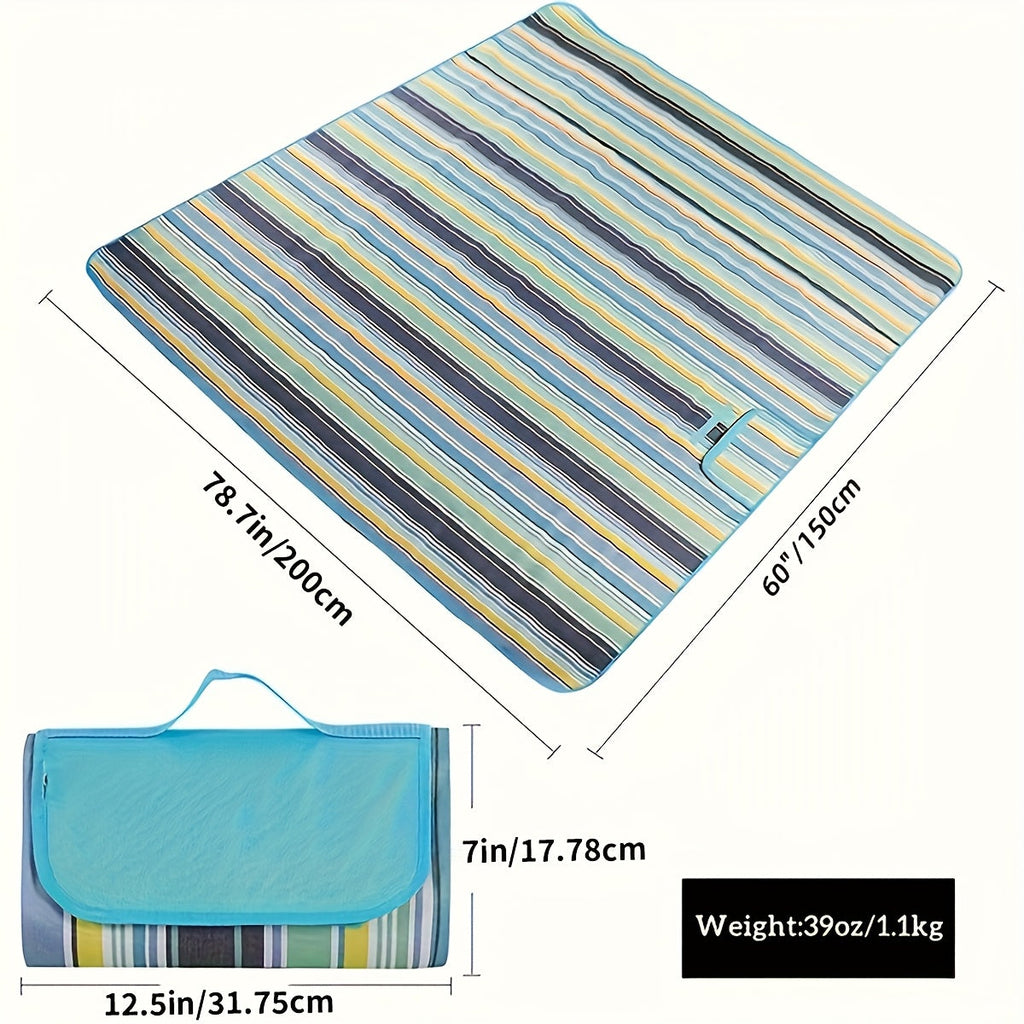 80 x 60-Inch Picnic Blanket in Blue and Green Striped 600D Oxford Fabric with Folding Carry Handle — image 3