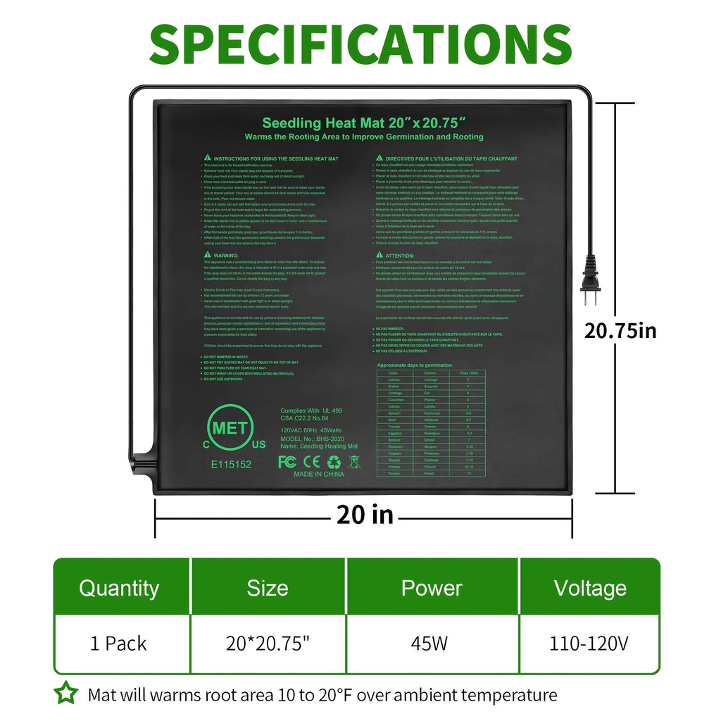 Seedling Heat Mat MET, Uniform Heating for Germination Indoor Gardening Greenhouse, Hydroponic Seed Starting Warming Pad M & 