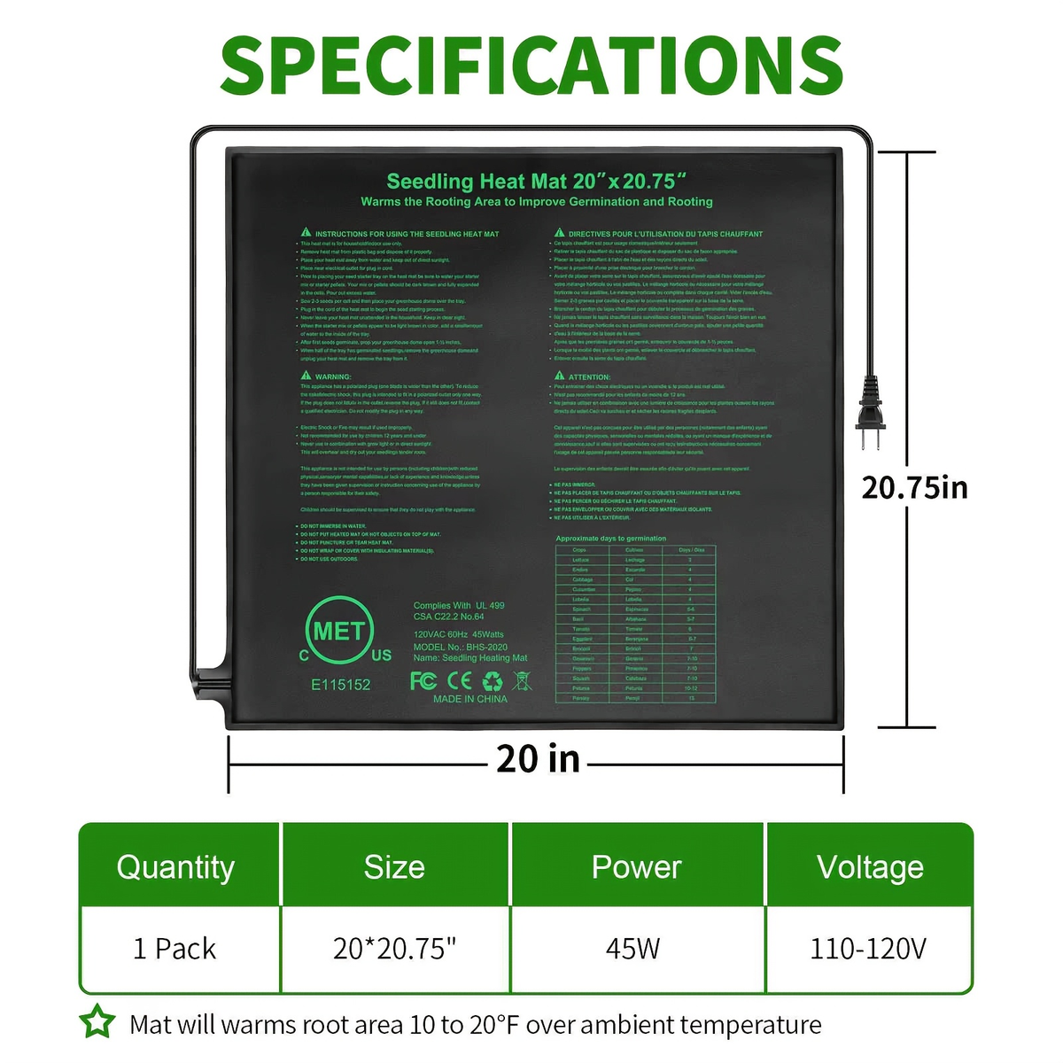 Seedling Heat Mat MET, Uniform Heating for Germination Indoor Gardening Greenhouse, Hydroponic Seed Starting Warming Pad M & 
