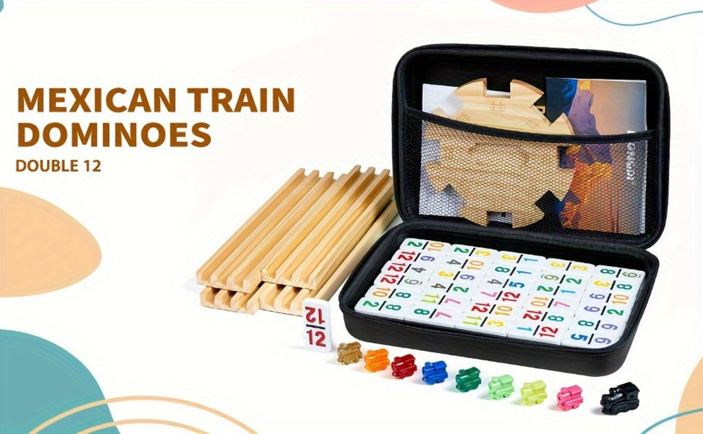 Mexican Train Dominoes Double 12 Set – 91 Colorful Tiles, 9 Metal Trains & 4 Wooden Racks, Complete Strategy Board Game with 