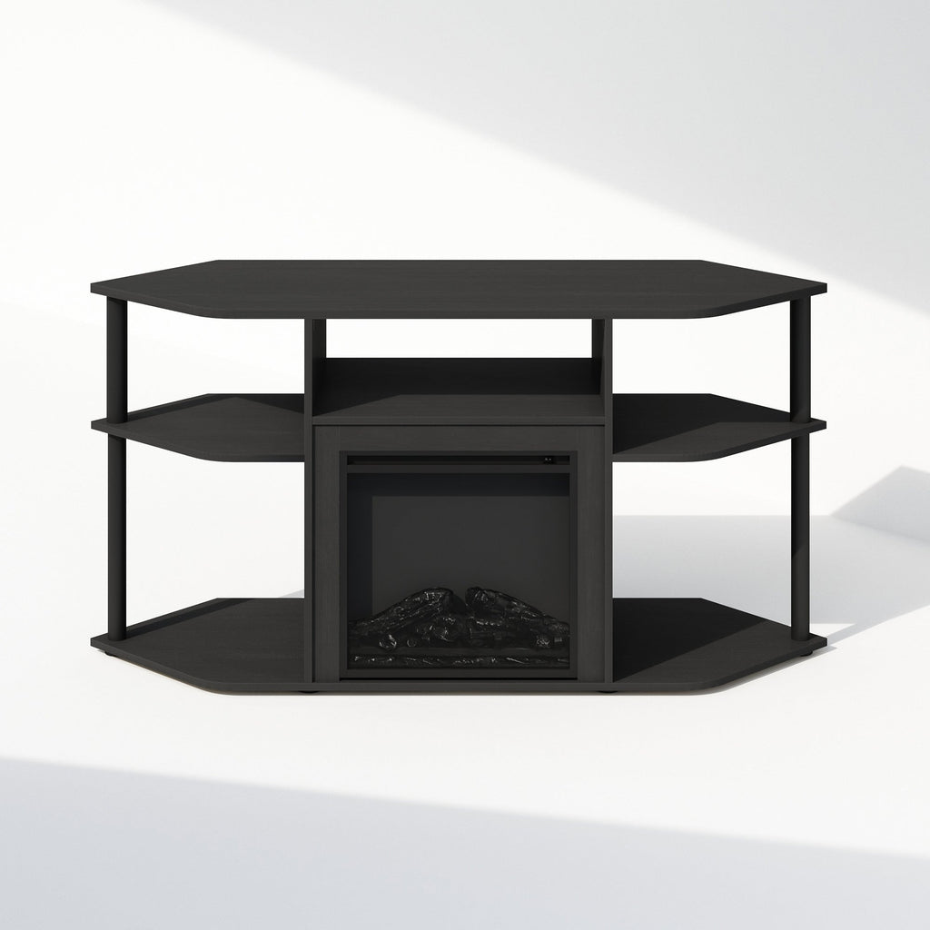 Corner TV Stand with Electric Fireplace, 55" Entertainment Center with Open Storage Shelves & Decorative Plastic Poles — imag