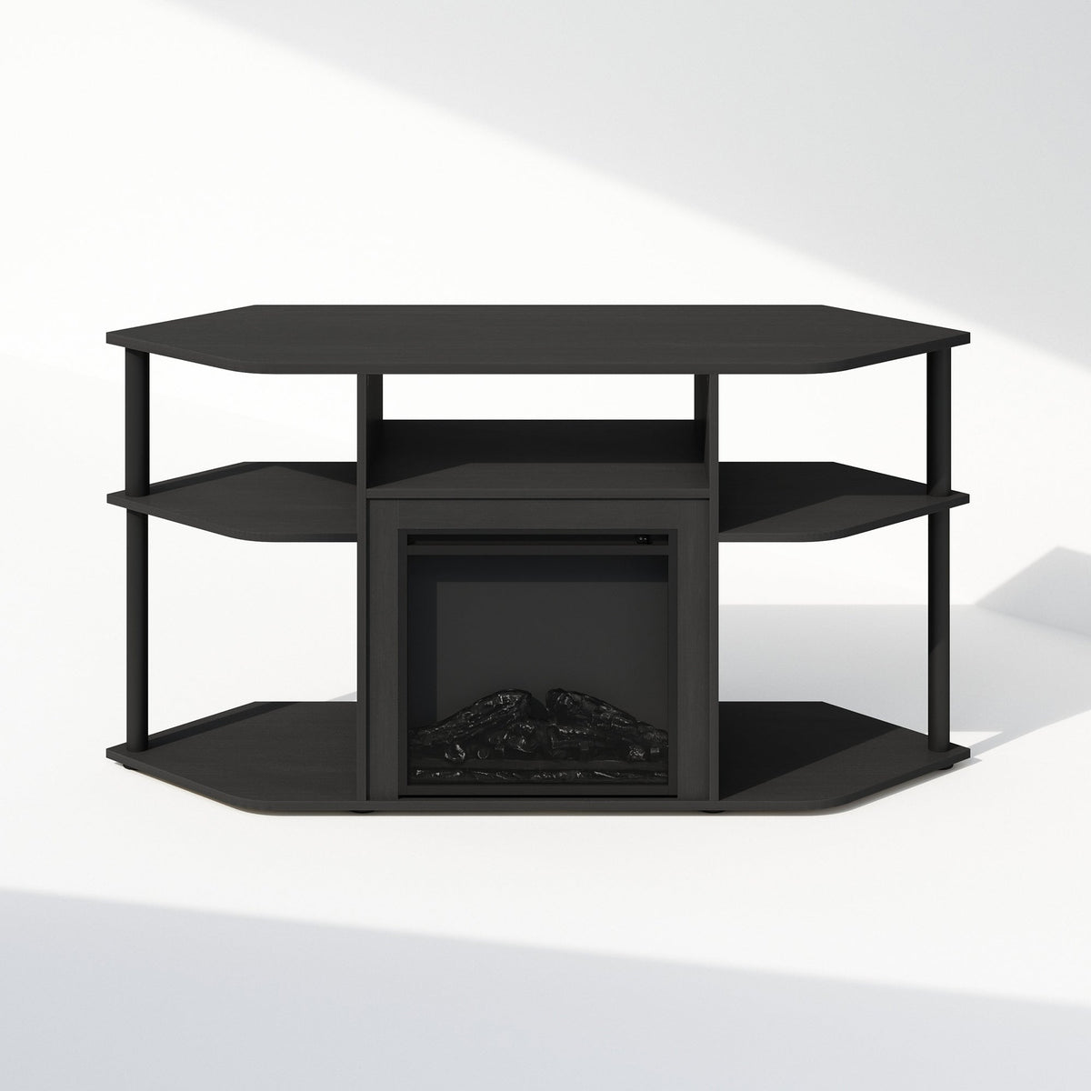 Corner TV Stand with Electric Fireplace, 55" Entertainment Center with Open Storage Shelves & Decorative Plastic Poles — imag