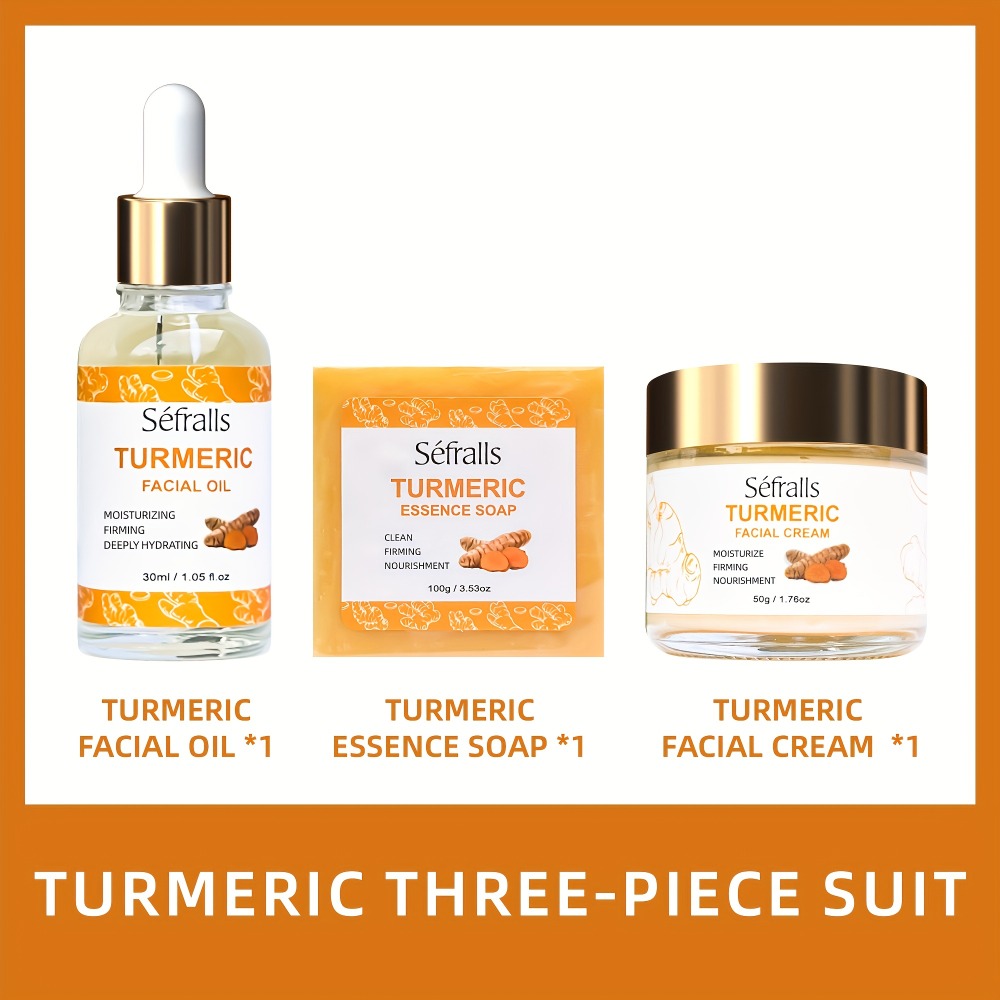 Turmeric Skincare Set 3 Pcs – Turmeric Face Cream, Facial Soap & Essential Oil Kit for Deep Pore Cleansing, Brightening & Moi