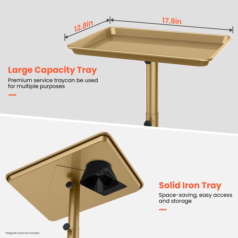 Rolling Salon Tray Cart on Wheels Adjustable Height 17.9x12.8 Inch Mobile Stylist Tray Table for Spa Tattoo Studio Blowdry Ba