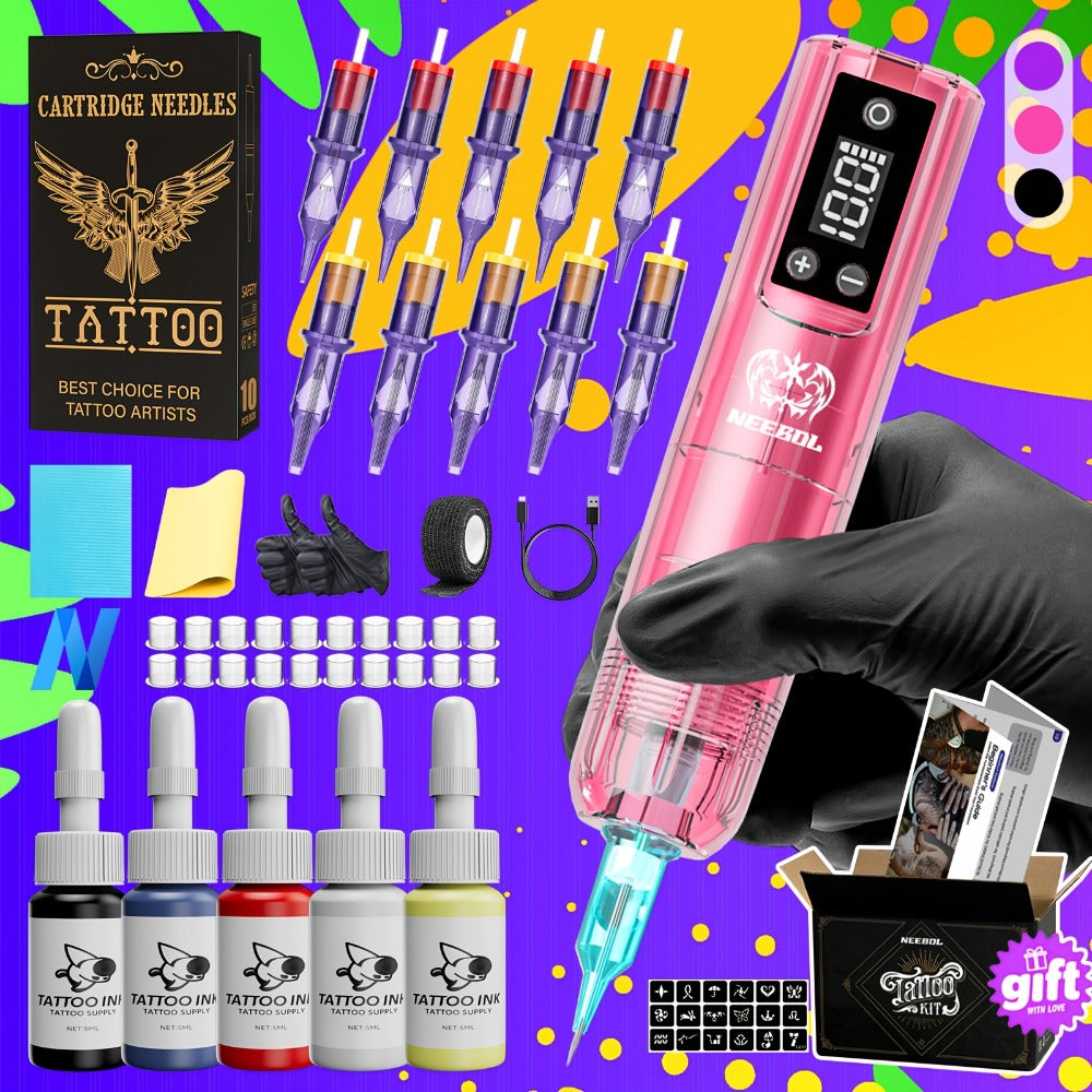 Cordless Rotary Tattoo Machine Kit Complete Set with Screen Display 6-8Hr Battery 20 Needles 7 Inks — image 5