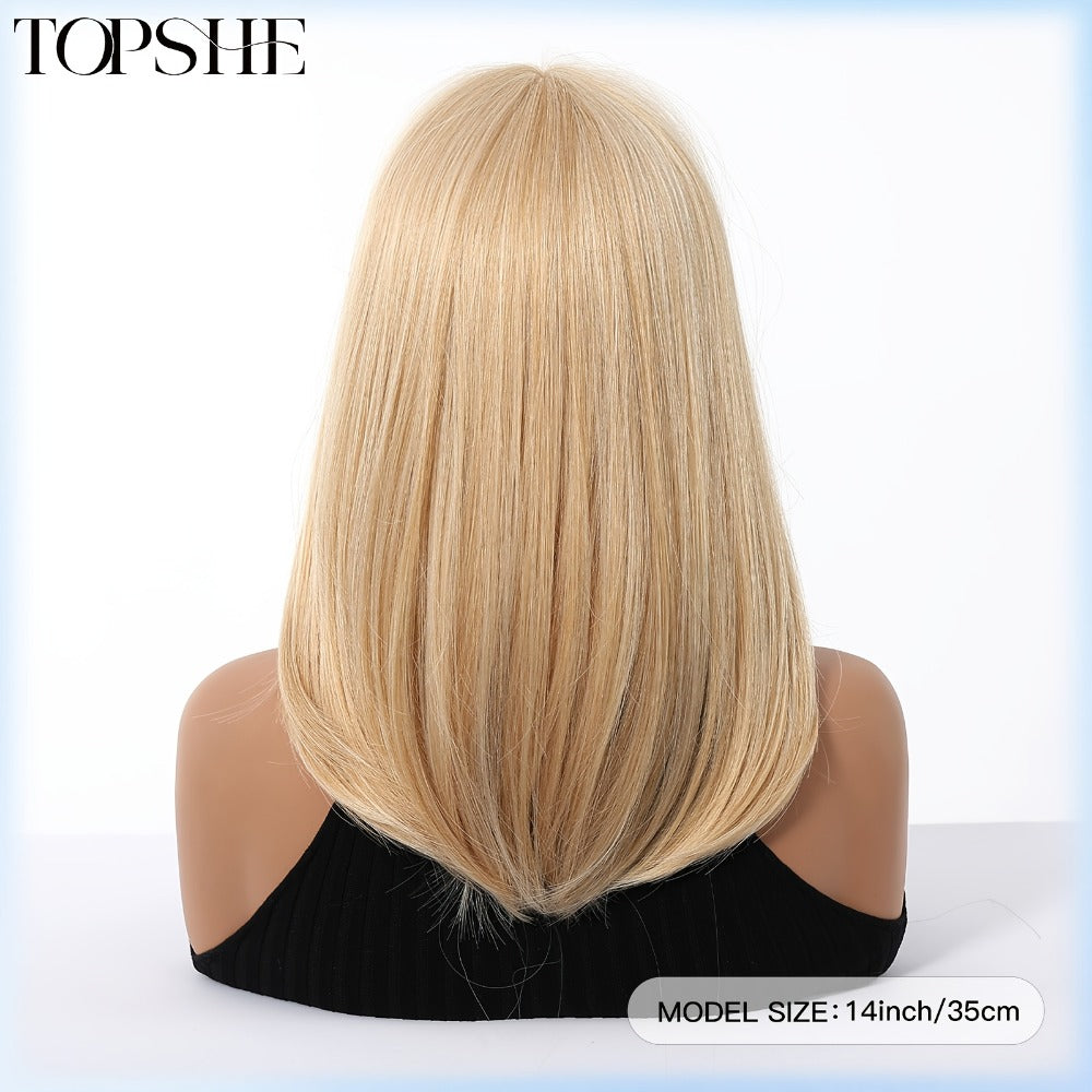 Synthetic Wig 14-Inch Golden Layered Straight Style with Full Bangs and Glueless Rose Net Cap — image 4