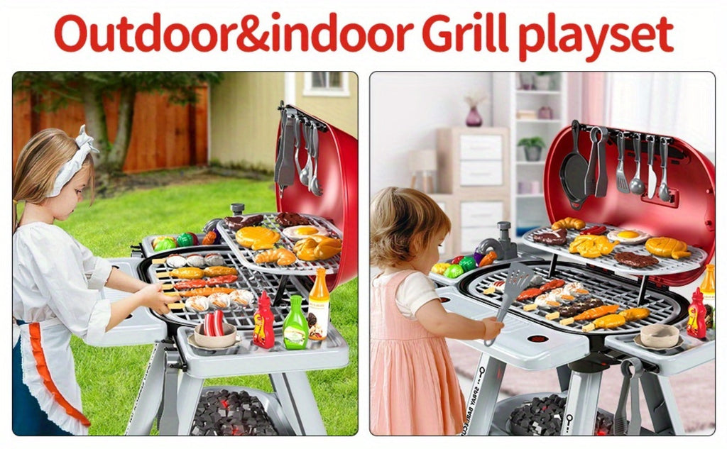 Kids BBQ Grill Playset Two-Tier for Grilling, Camping and Outdoor Meals with Toy Food Meats Fruits Spices & Working Water Tap