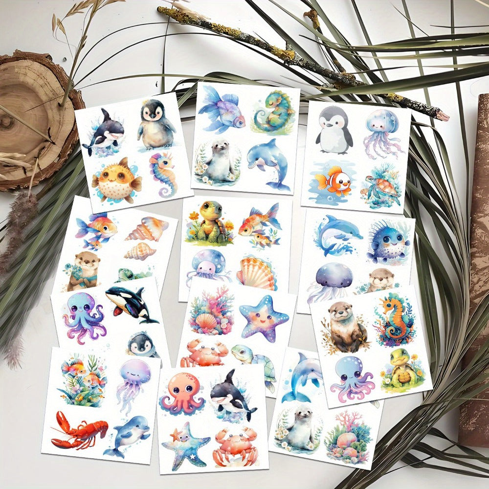 Ocean Animals Temporary Tattoo Stickers 12 Sheets 48 Designs Underwater Sea Creatures Cartoon Vibrant Body — image 5