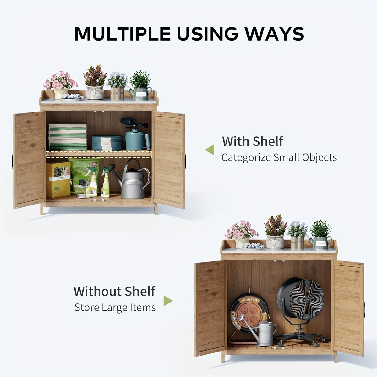 Potting Bench with Storage Cabinet, Outdoor Waterproof Wood Garden Shed Table with Removable Shelves & Doors — image 2