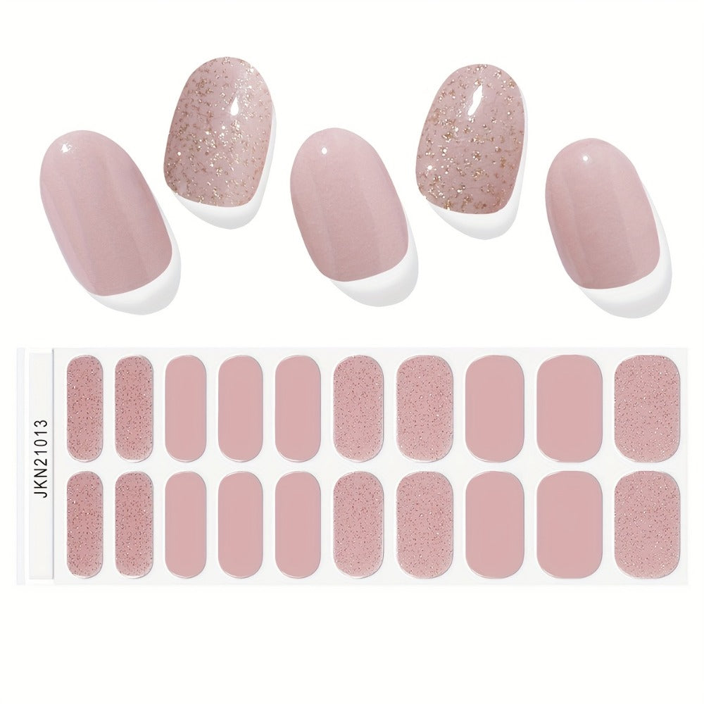 Gel Nail Art Kit Semi-Cured Nail Stickers 20 Designs with Portable UV Lamp Full Coverage Soft Gel Nail Patches Nude Nail Wrap
