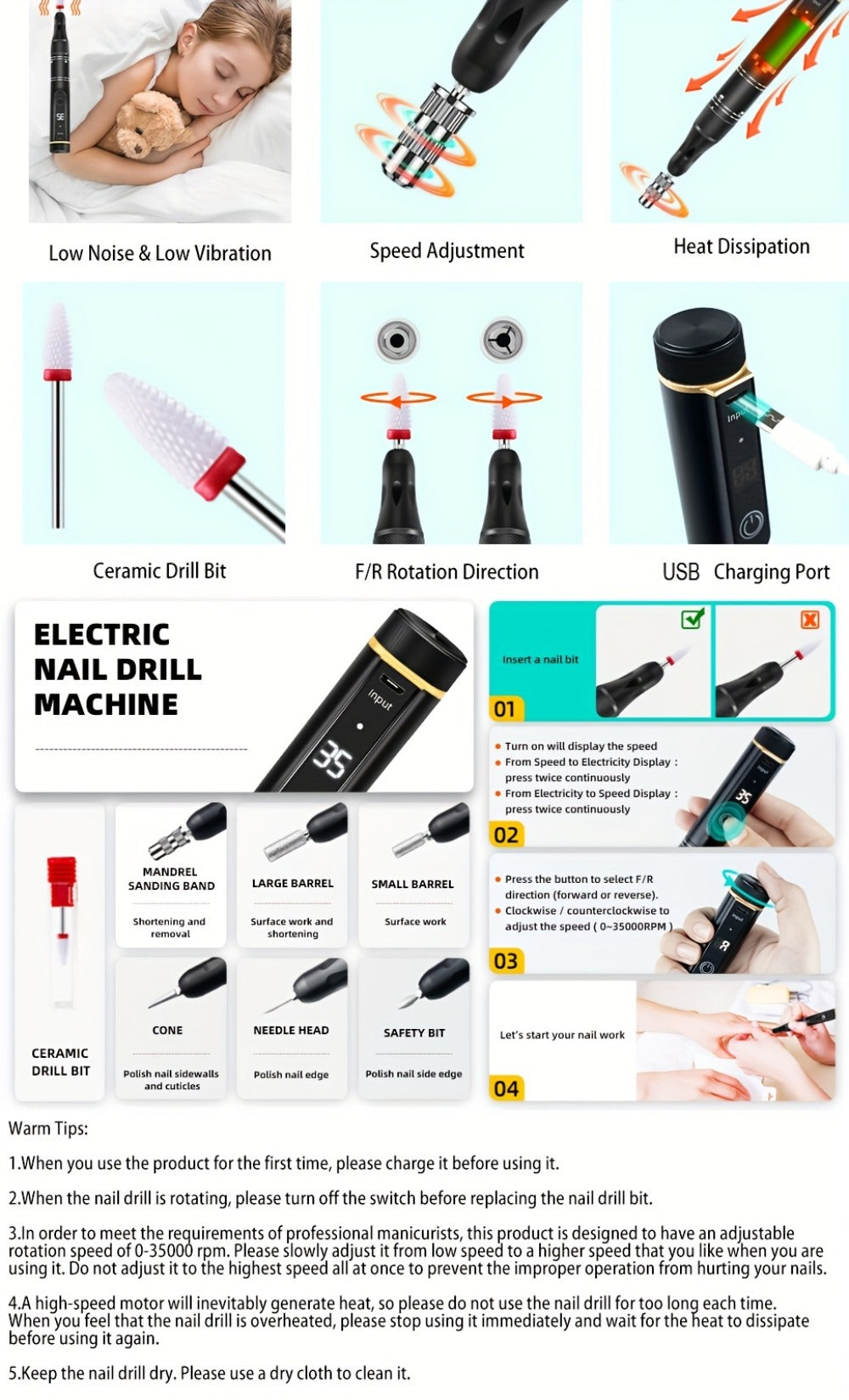 Electric Nail Drill 35000 RPM Rechargeable Pen with Digital Display, Forward Reverse and Three Colors — image 13