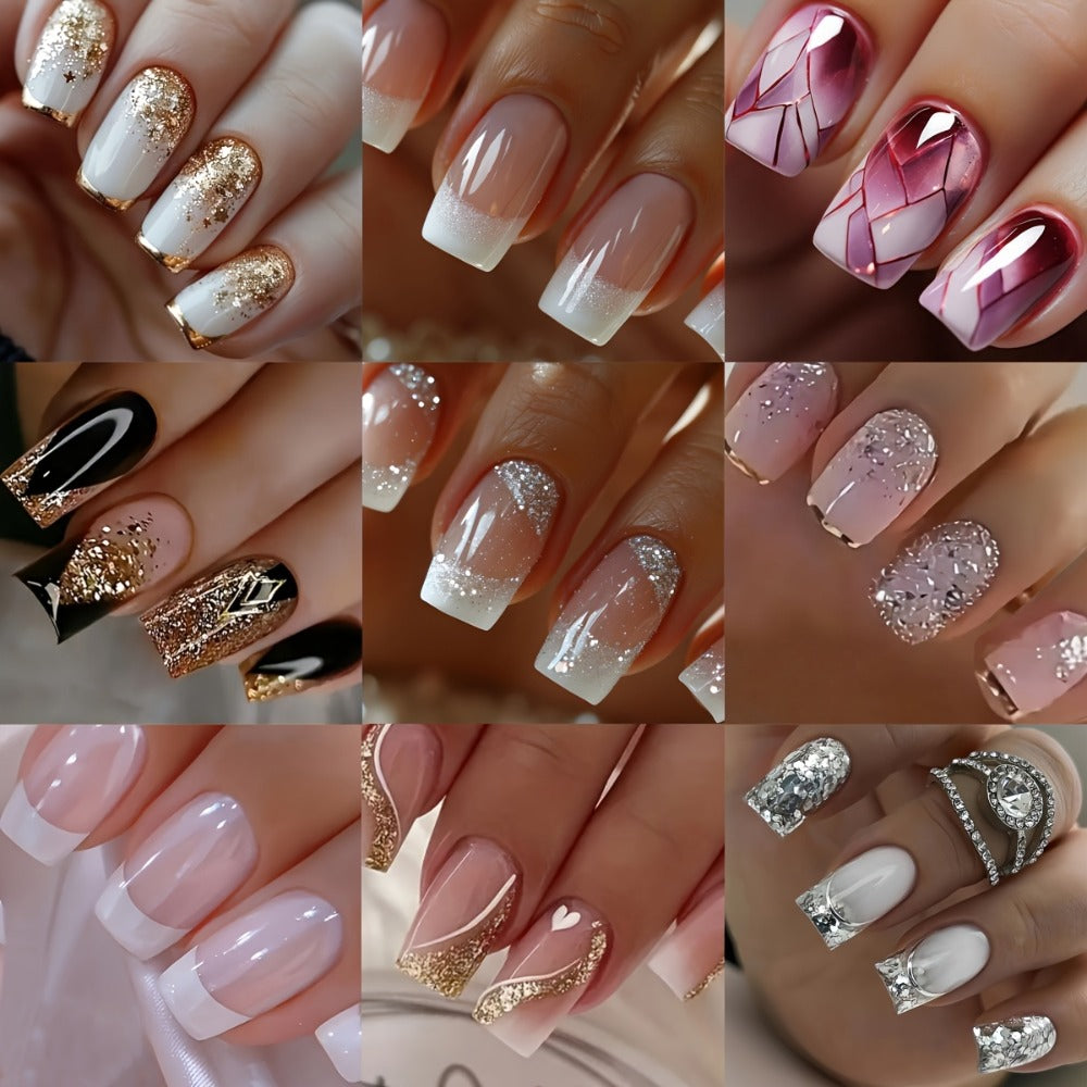 Press On Nails 216-Piece Soft Gel Short Square Set with French, Gradient, Glitter and Heart Designs — image 1