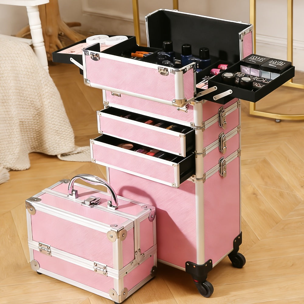 Rolling Makeup Case Aluminum 4-in-1 Extra Large Professional Cosmetic Trolley with 360° Swivel Wheels for Makeup Artist Tatto