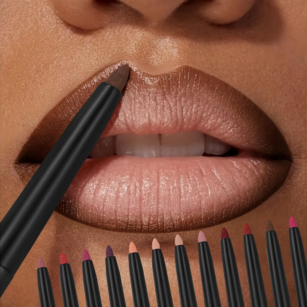Waterproof Lip Liner Pencil Set 12 Pieces Multi-Functional Lip Eye & Brow Liner, for Makeup, Travel and Everyday Vanity Use —