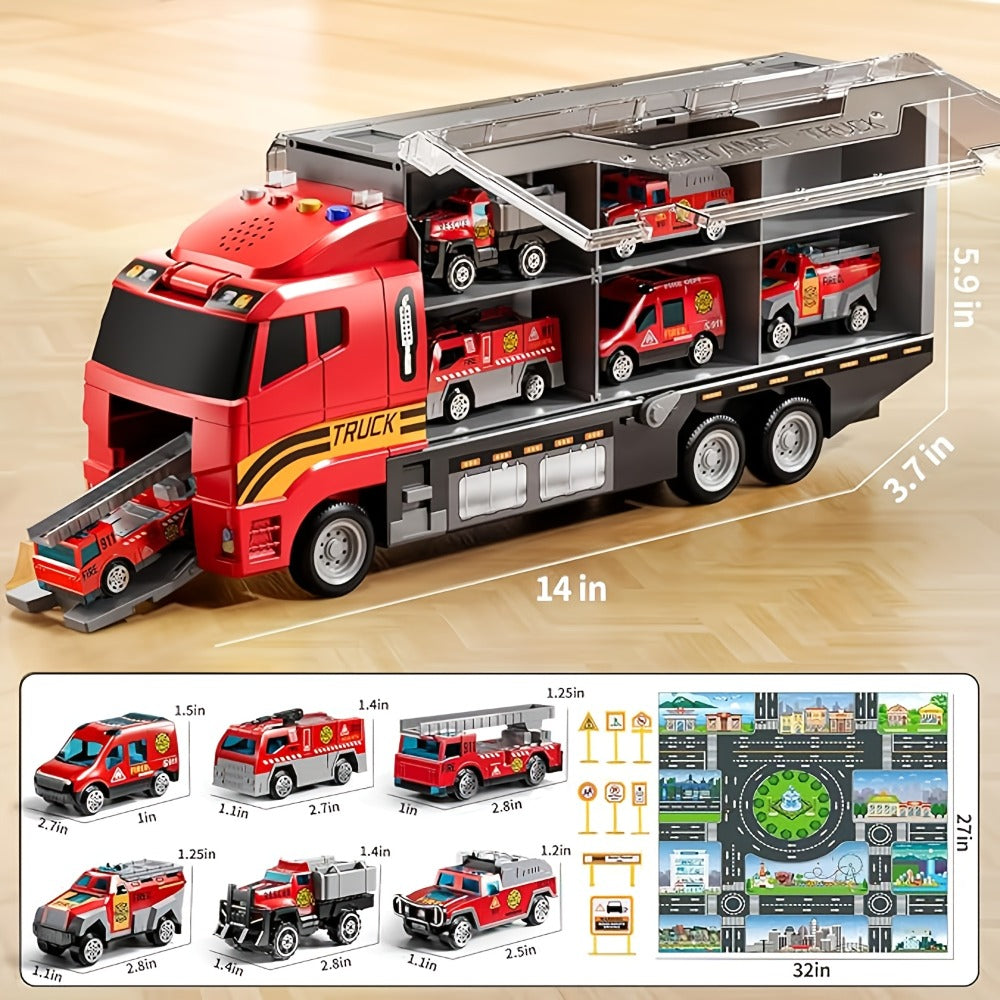 Fire Truck Toy Set for Kids Ages 3-6, Die-Cast Metal Carrier Truck with Play Mat, Emergency Vehicle Collection — image 4