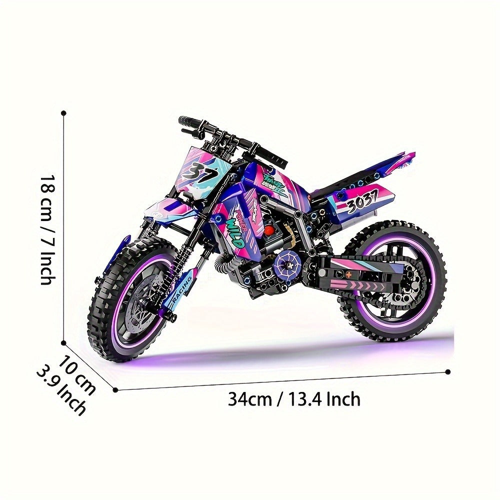 Building Block Set Off-Road Motorcycle Model, 476-Piece Purple and Black Bike with Display Dimensions and Instructions — imag