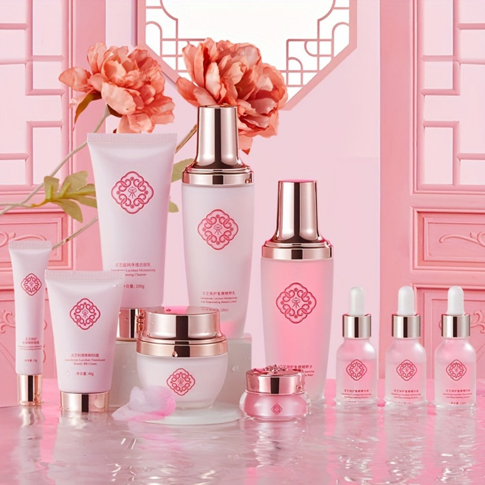 10-Piece Botanical Skincare Gift Set with Coordinated Bottles, Jars and Tubes in a Pink Presentation Box — image 8