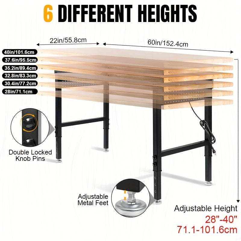 Adjustable 28–40-Inch Wood-Top Workbench in 60- or 96-Inch Widths with Pegboard, Wheels and Power Strip — image 3
