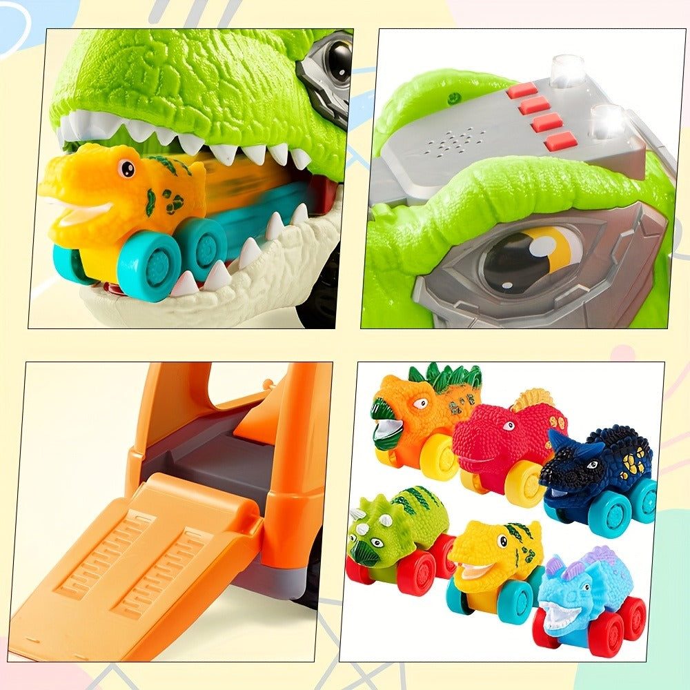 T-Rex Carrier Truck Toy with 6 Mini Rubber Dinosaur Cars LED Lights with the Listed Color, Size or Set Options for Everyday U