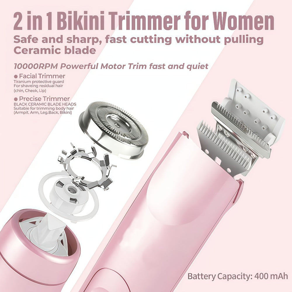 Electric Hair Trimmer for Women Dual Head IPX7 Waterproof USB Rechargeable Painless Bikini Trimmer Face Body Shaver Arms Legs