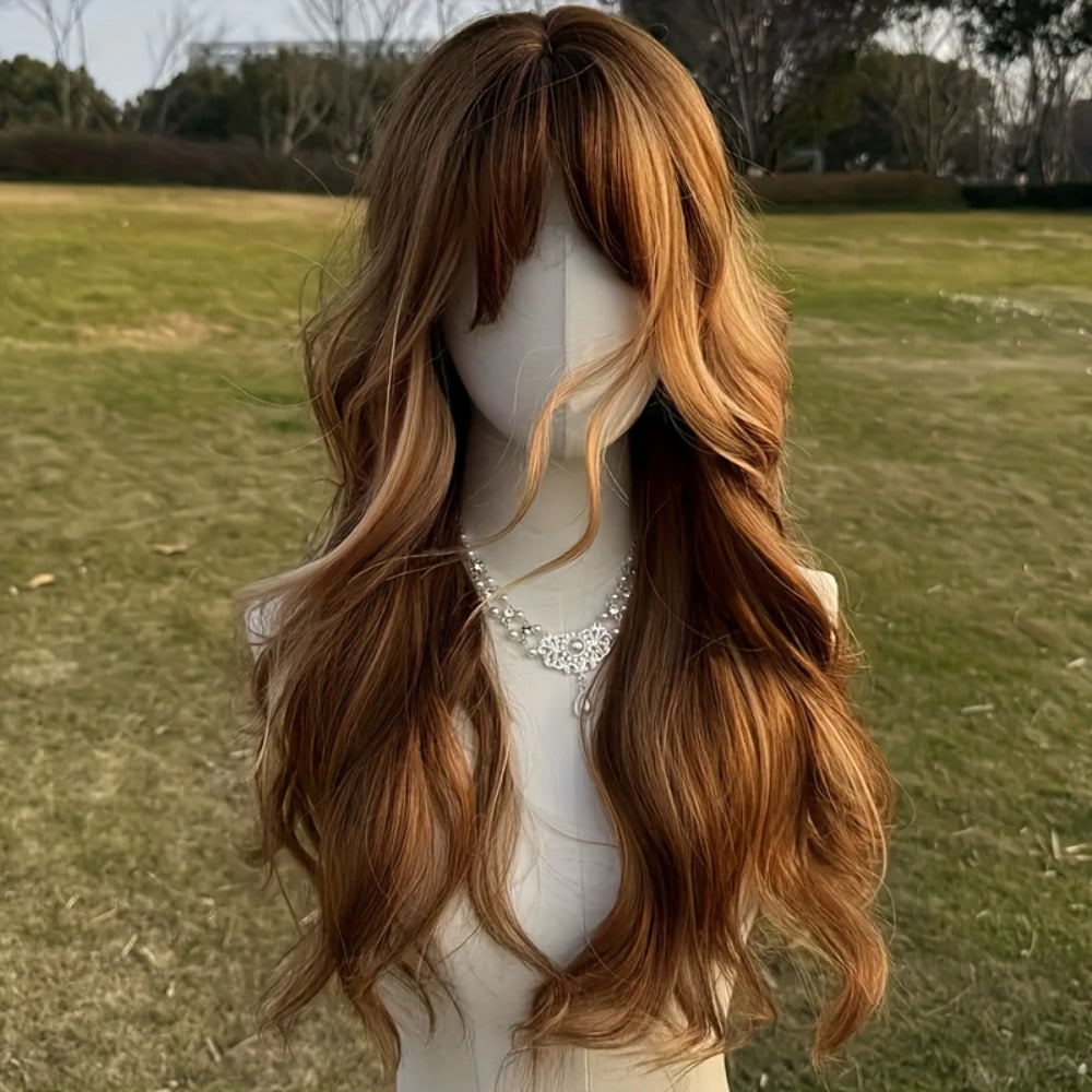 Synthetic Wig 24-Inch Light Brown Body Waves with Golden Highlights, Bangs and Rose Net Cap — image 2
