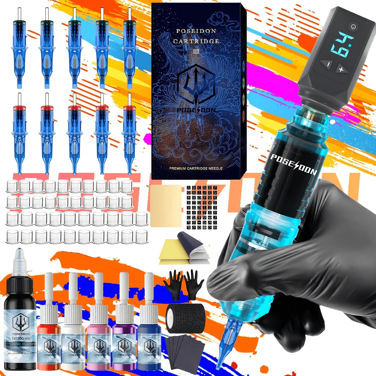 Wireless Tattoo Pen Kit Cordless Tattoo Gun with Power Supply 10 Cartridge Needles 6 Color Inks LCD Screen — image 22