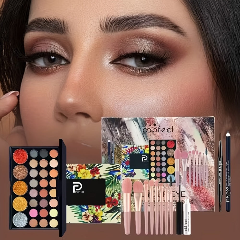 Makeup Gift Set POPFEEL 29-Color Eyeshadow Palette + Mascara + Eyeliner + Brow Pencil + Highlighter Powder + 7-Piece Brush Se