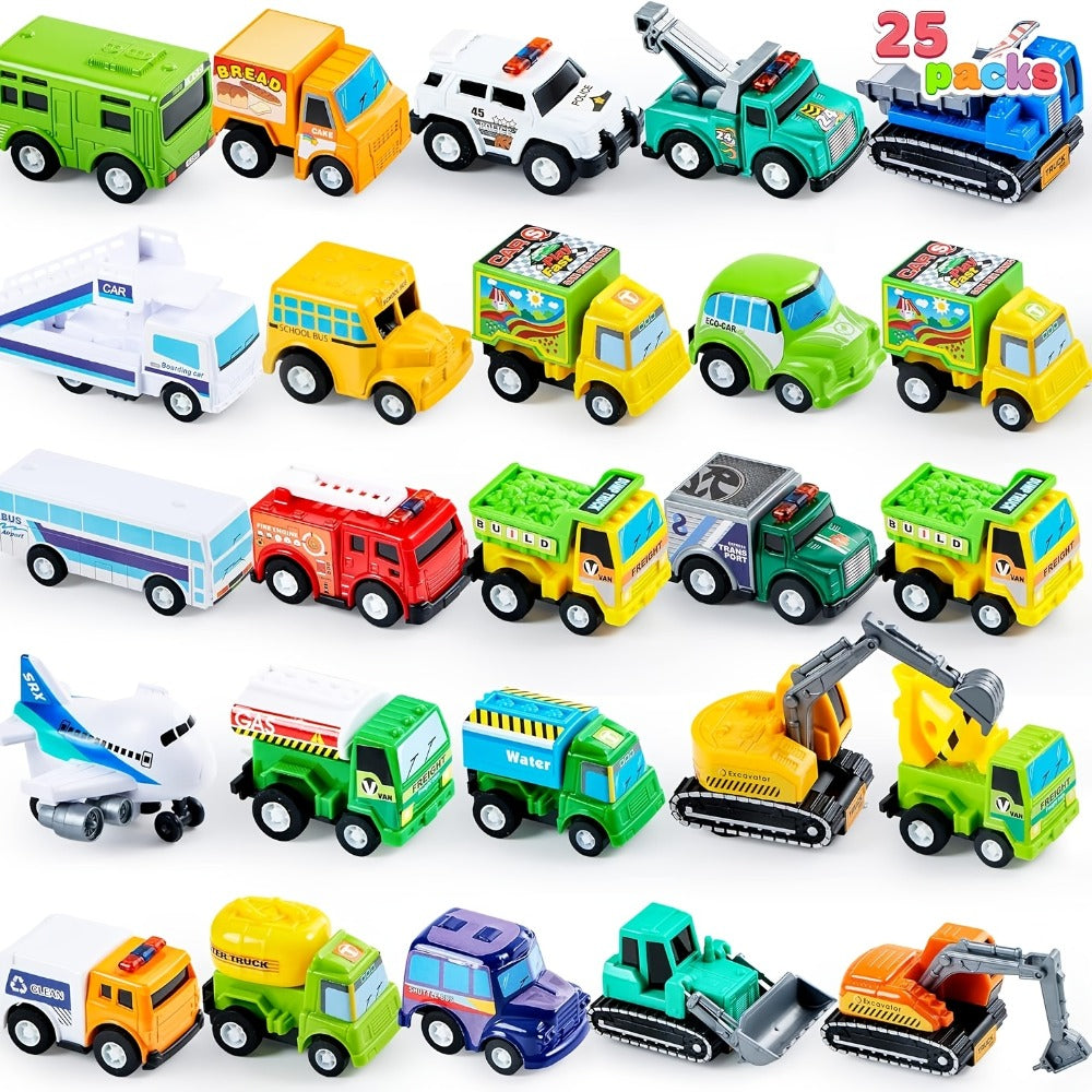 25PCS Pull Back Cars & Trucks Toy Vehicle Set for Kids, Fire Truck, Police Car, School Bus & More — image 1