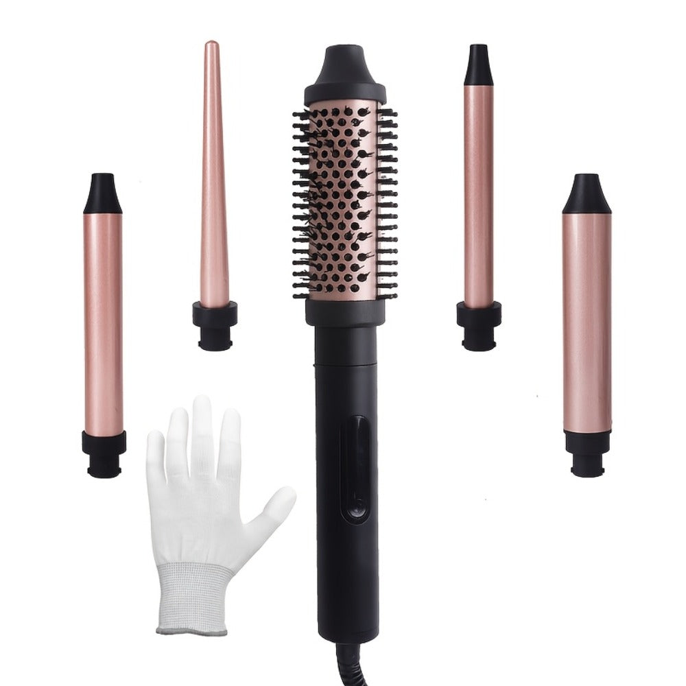 Ceramic Curling Iron Set 5-in-1 with Interchangeable Barrels & Heat Brush, Professional Hair Curler Wand Styling Kit for Wave